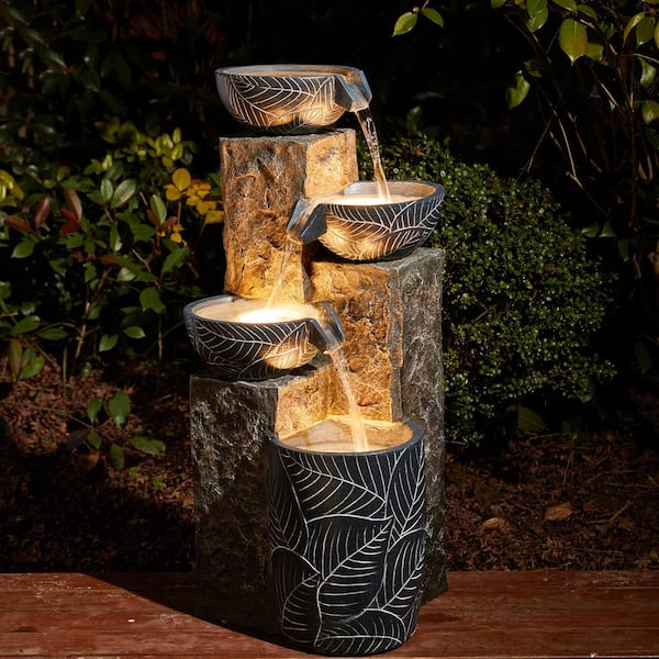 Glitzhome 32.75 in. H Natural Leaf Textured 4-Tier Resin Outdoor