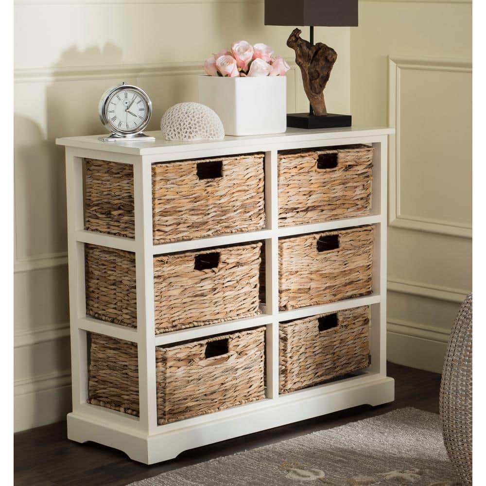 Distressed White Pine and Wicker Basket Storage Chest