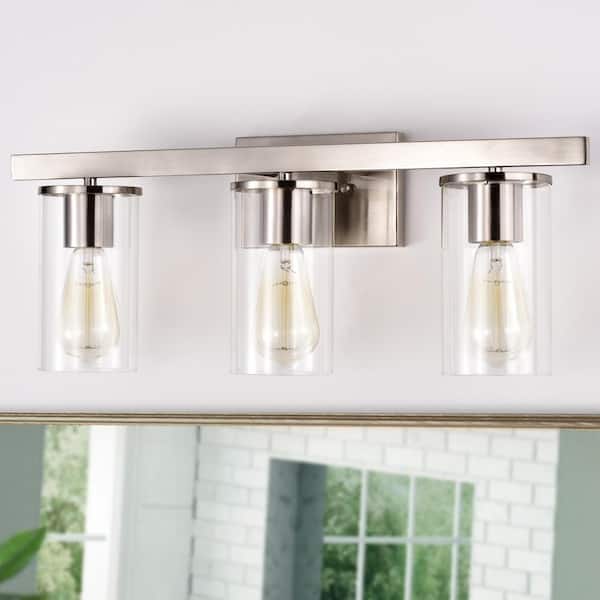 3-Light Satin Nickel Vanity Light with Clear Glass Shade