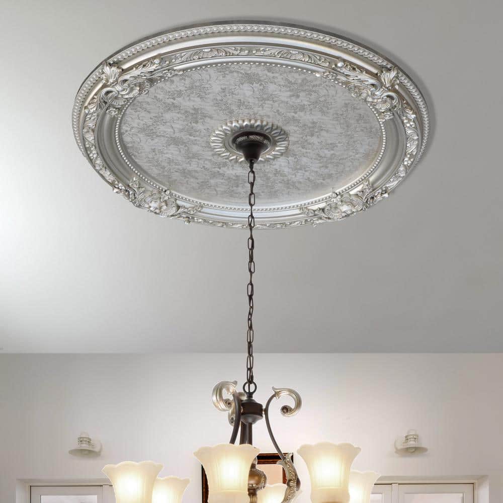 Antique Silver Round Chandelier Ceiling Medallion with Floral Design, 36 Inches
