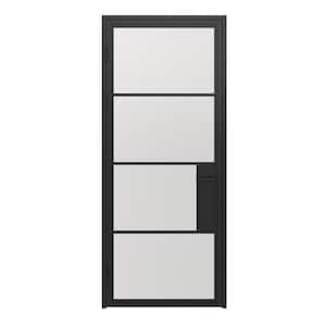 36 in. x 85 in. 4 Lite Frost Glass Black Steel Frame Prehung Interior Door with Door Handle