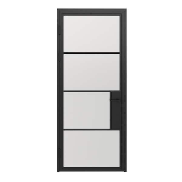 CALHOME 36 in. x 85 in. 4 Lite Frost Glass Black Steel Frame Prehung Interior Door with Door Handle