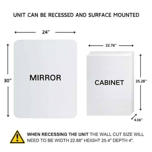 TEHOME Tomace 24 in. W x 30 in. H Rectangular Recess and Surface Mount Frameless Medicine Cabinet with Mirror