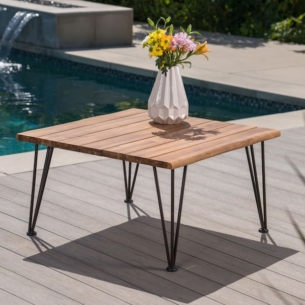 32.5 in. Wide Square Teak Stainless Steel Picnic Table Seats 4 People, Wood And Metal Coffee Table
