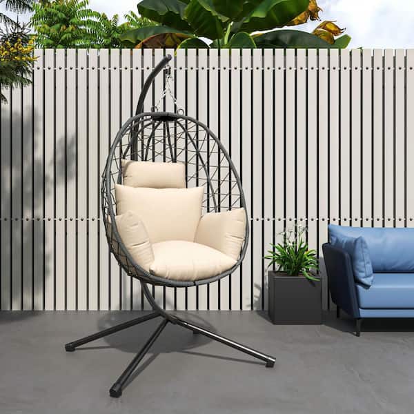Leisuremod Summit Modern Outdoor Single Person Porch Swing Chair in Grey Metal Frame with Removable Cushions, Beige