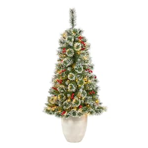 4 ft. Frosted Pre-Lit LED Swiss Pine Artificial Christmas Tree with 100 Clear Lights and Berries in White Planter