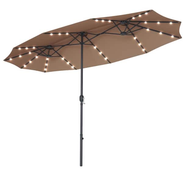 ANGELES HOME 15 ft. Steel LED Solar Market Patio Umbrella without Weight Base in Tan