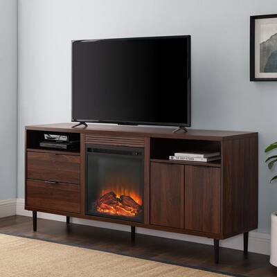 60 in. Dark Walnut Composite TV Stand with 2 Drawer Fits TVs Up to 66 in. with Electric Fireplace