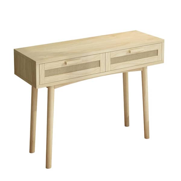 Karl home 30.38 in. Burlywood Rectangle MDF Console Table with 2 Rattan Look Drawers
