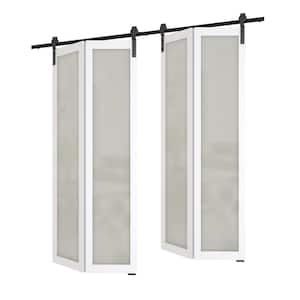 72 in. x 84 in. Double 36 in. Doors Frosted Glass, White MDF Bi-Fold Style Full Lite Sliding Barn Door with Hardware Kit