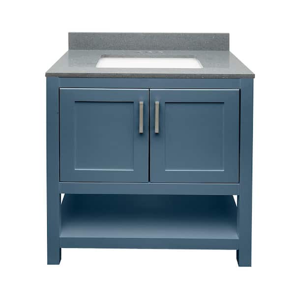 Amluxx Tufino 31 in. W x 22 in. D x 36 in. H Bath Vanity in Navy Blue with Quartz Stone Vanity Top in Galaxy Gray