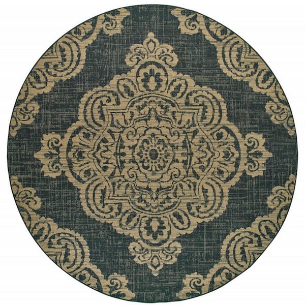 HomeRoots Black, Tan 8 ft. x 8 ft. Loomed Oriental Polypropylene Round Indoor/Outdoor Area Rug