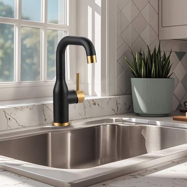 1-Hole Single Handle Bar Faucet Stainless Steel with Deckplate for Kitchen, Bar or Bathroom in Black and Gold
