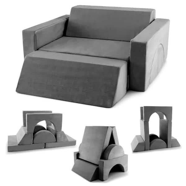 Gray Synthetic Suede Kids Modular Play Sofa with Detachable Cover for Playroom and Bedroom Indoor (Set of 8)