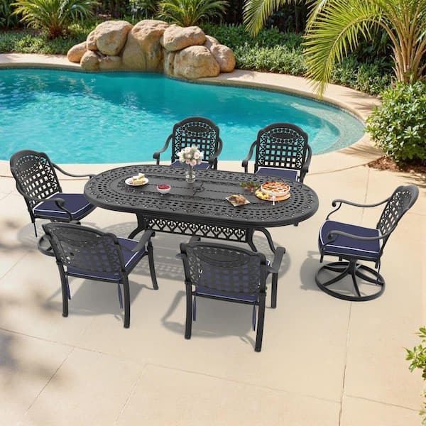 Vintage 7-Piece Cast Aluminum Outdoor Dining Set with Oval Table and Swivel Dining Chairs with Blue Cushion