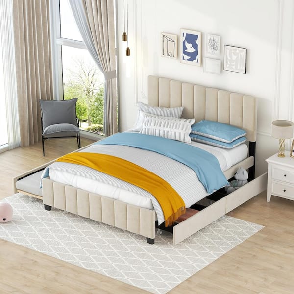 URTR Beige Wood Frame Queen Size Velvet Upholstered Platform Bed with 2 Storage Drawers and 1 Twin XL Trundle