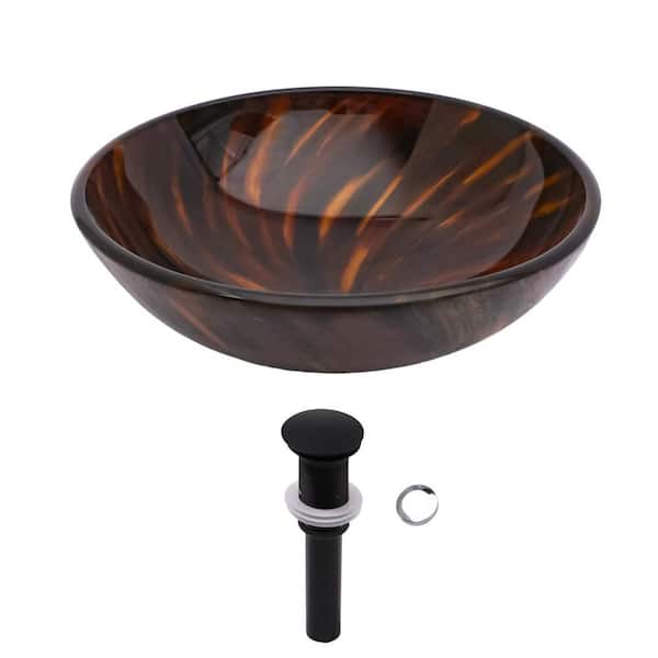 LORDEAR 16-1/2 in. Tempered Glass Brown Round Bathroom Vessel Sink with Black Drain