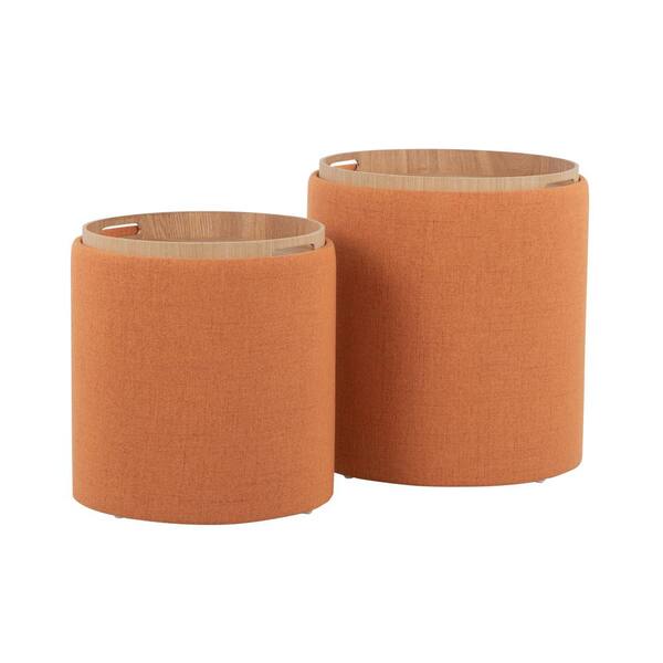 Lumisource Tray Orange Fabric and Natural Wood Nesting Ottoman Set