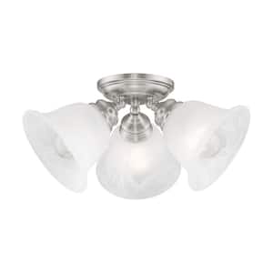 Woodside 14.5 in. 3-Light Brushed Nickel Industrial Semi Flush Mount with Alabaster Glass and No Bulbs Included