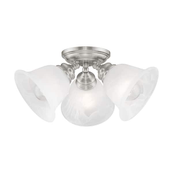 Livex Lighting Woodside 14.5 in. 3-Light Brushed Nickel Industrial Semi Flush Mount with Alabaster Glass and No Bulbs Included