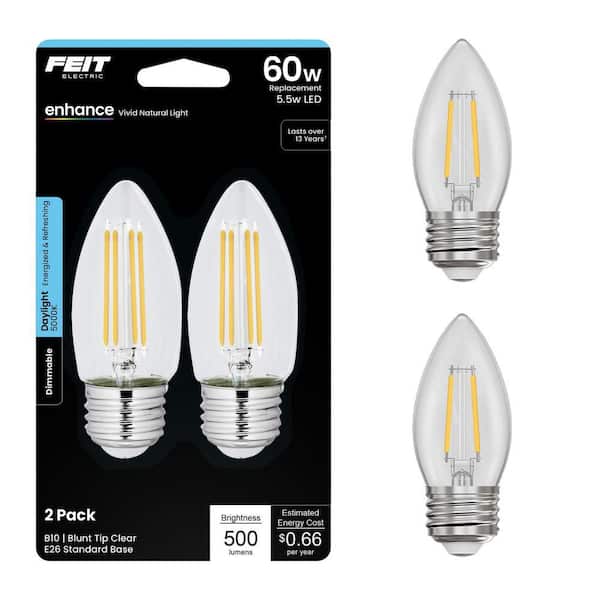 60-Watt Equivalent B10 E26 Medium Dimmable Filament CEC Blunt Tip Chandelier LED Light Bulb, Daylight 5000K (2-Pack)