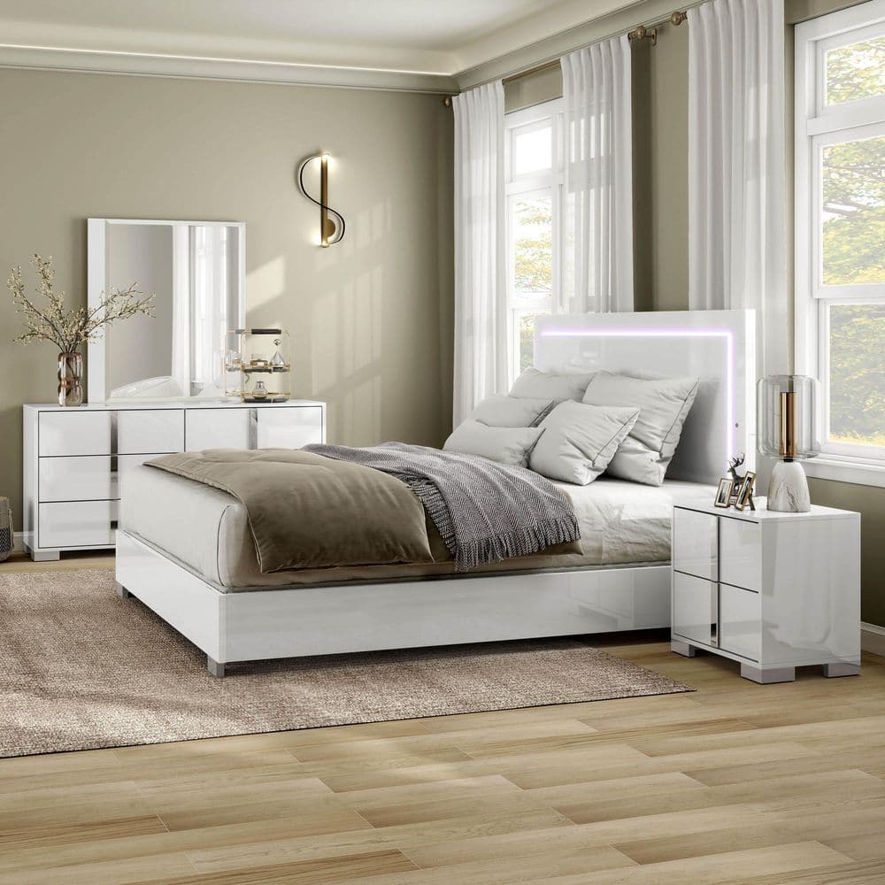 Mesala 4-Piece Contemporary Glossy White Wood Queen Panel Bedroom Set with Nightstand and Dresser/Mirror price history on PriceWatchPro