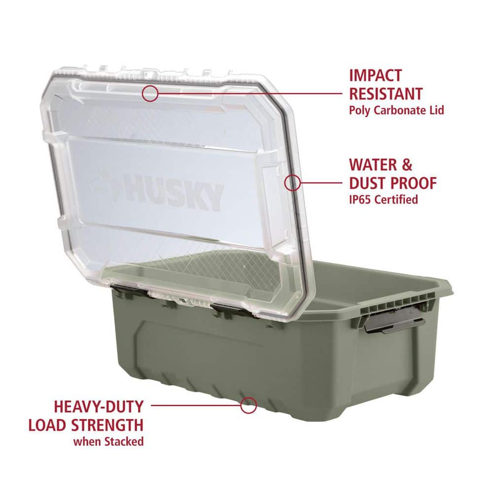 Husky 12 Gal. Professional Duty Waterproof Storage Container with Hinged Lid in Army Green (2-Pack) 271591