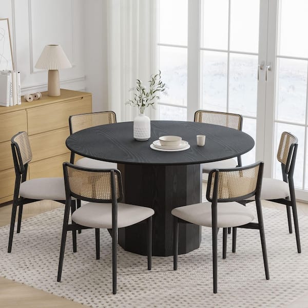 Lirago Cylindrical Black Colored Wood 52 in. Column Base Round Edge Dining Table for 6
