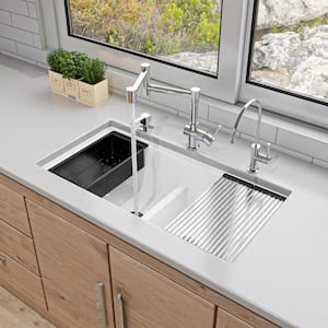 34 in. Undermount Double Bowl Granite Composite 50/50 Kitchen Sink in White