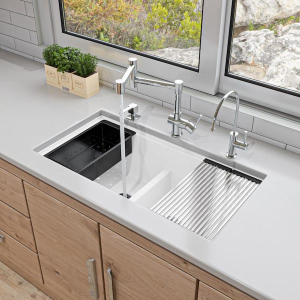 ALFI BRAND 34 in. Undermount Double Bowl Granite Composite 50/50 Kitchen Sink in White