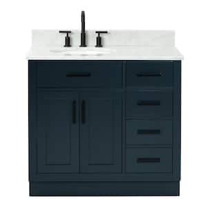 Hepburn 37 in. W x 22 in. D x 25.25. H Bath Vanity in Midnight Blue with Carrara Marble Vanity Top with White Basin