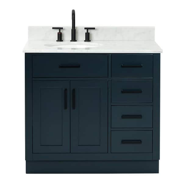 Hepburn 36 in. W x 22 in. D x 25.25. H Bath Vanity in Midnight Blue with Carrara Marble Vanity Top with White Basin