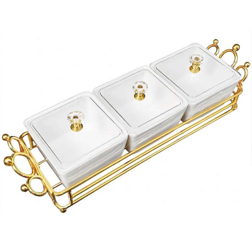 White Ceramic Condiment Server with Lid and Gold Metal Tray, 3 Removable Bowls for Snacks and Fruit price history on PriceWatchPro