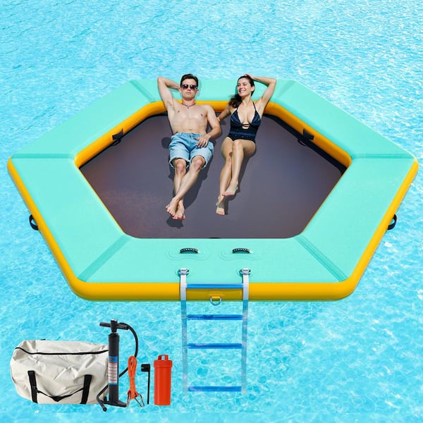 10 ft. Hexagonal Inflatable Water Hammock with Soft Ladder, Heavy Duty Lake Raft for Pool and Lake, Mint Green + Black