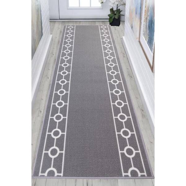 Chain Border Custom Size Gray 132 in. x 32 in. Indoor Stair Tread Cover Matching Runner Slip Resistant Backing (1-Piece)