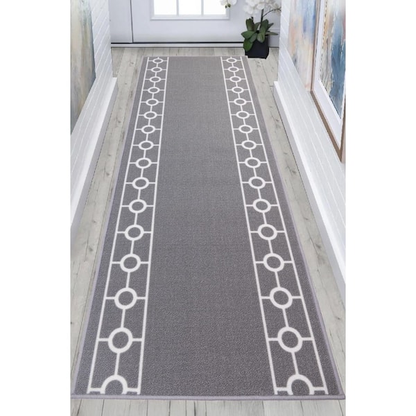 Chain Border Custom Size Gray 84 in. x 32 in. Indoor Stair Tread Cover Matching Runner Slip Resistant Backing (1-Piece)