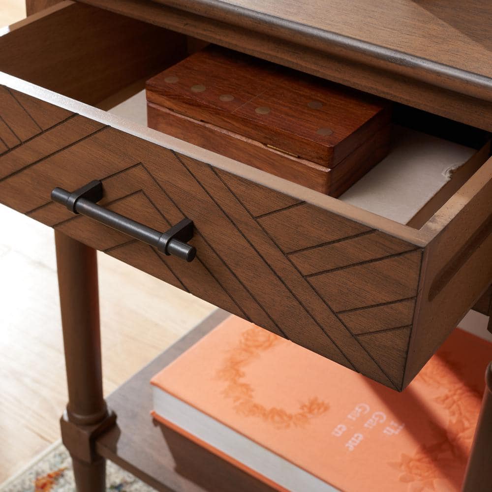 Peyton French Brown Wood Storage End Table with Herringbone Drawer