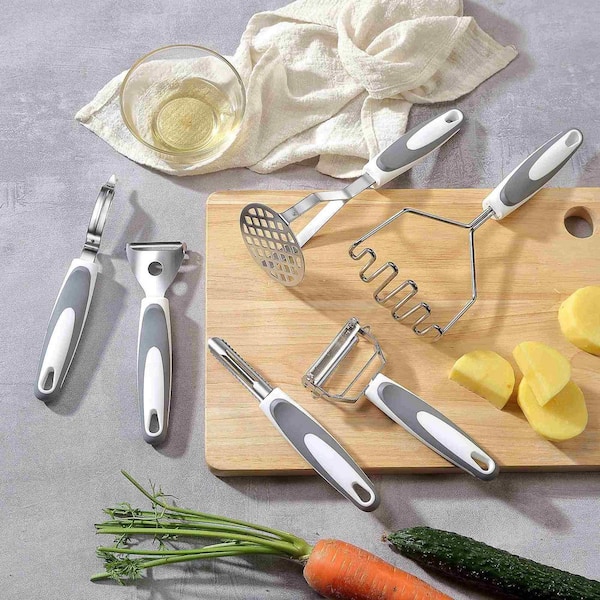 6-Piece Gray Stainless Steel Potato Masher and Peeler Set with Potato Masher, Wire Masher, Multi-Purpose Peelers