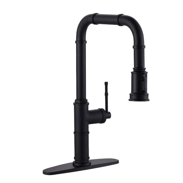 ALEASHA Industrial 17.9 in. Single Handle Pull Down Sprayer Kitchen Faucet with 360° swivel spout in Matte Black