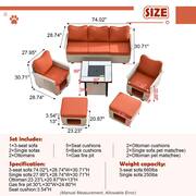 Echo Beige 6-Piece Wicker Outdoor Multi-Functional Patio Conversation Sofa Set with a Fire Pit and Orange Red Cushions