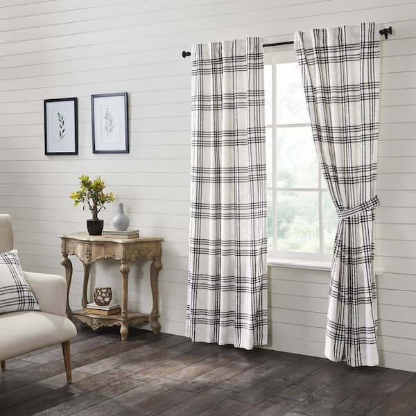 VHC BRANDS Black Plaid 40 in W x 84 in L Cotton Light Filtering Rod Pocket Window Panel Black White Pair