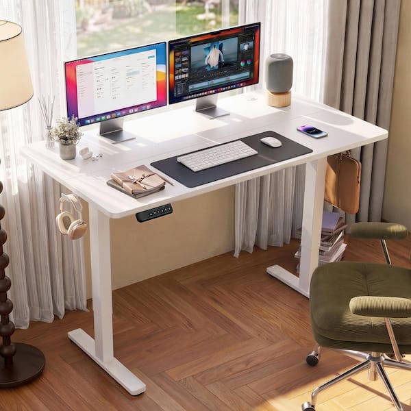 55 in. Rectangular White Wood Electric Standing Desk with Hooks and Wire Holes