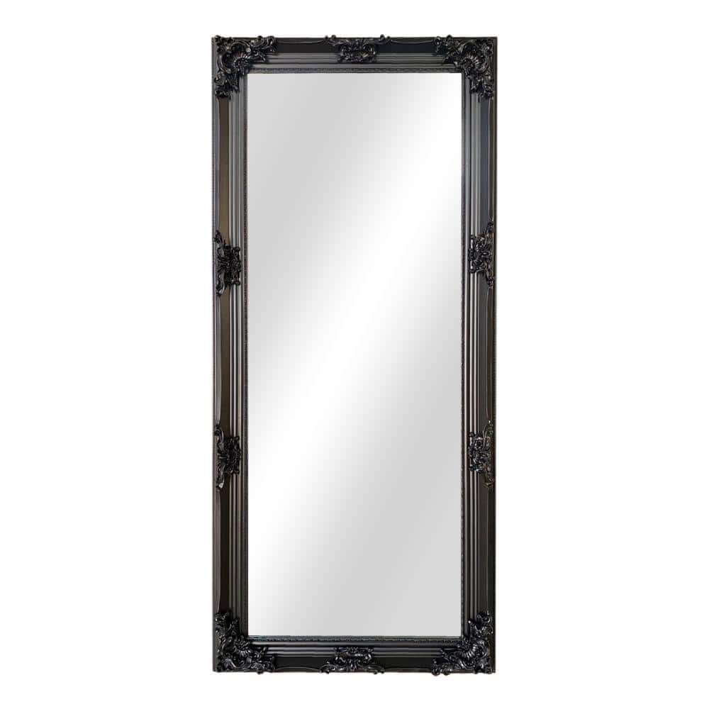The Urban Port 31.5 In. W X 67 In. H Black Molded Floral Carvings Details Wooden Frame Floor Mirror