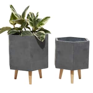 15 in. and 17 in. Planters with Stand and Pot For Indoor Plants Hexagon, Grey (Set of 2)
