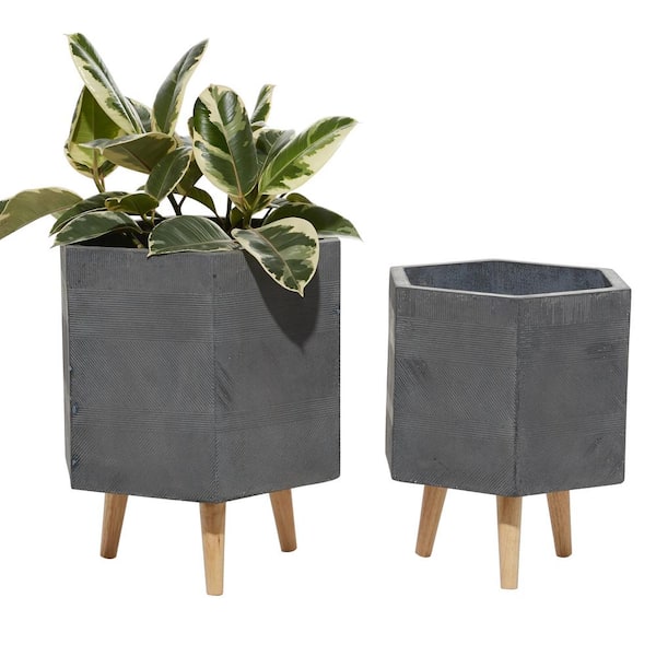 Litton Lane 15 in. and 17 in. Planters with Stand and Pot For Indoor Plants Hexagon, Grey (Set of 2)