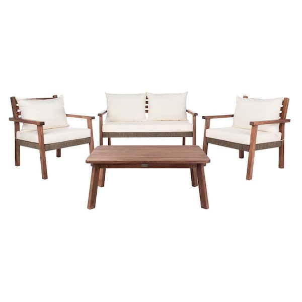 SAFAVIEH Reid Natural 4-Piece Wood Patio Conversation Set with Beige Cushions