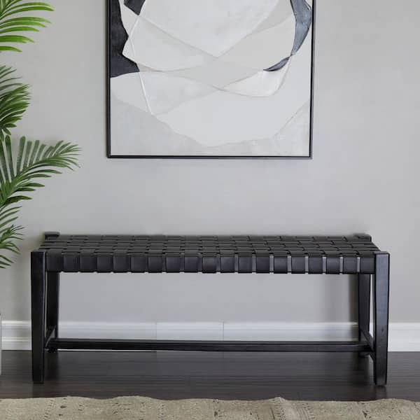 Black Handmade Woven Seat Bench 17 in. X 47 in. X 18 in.