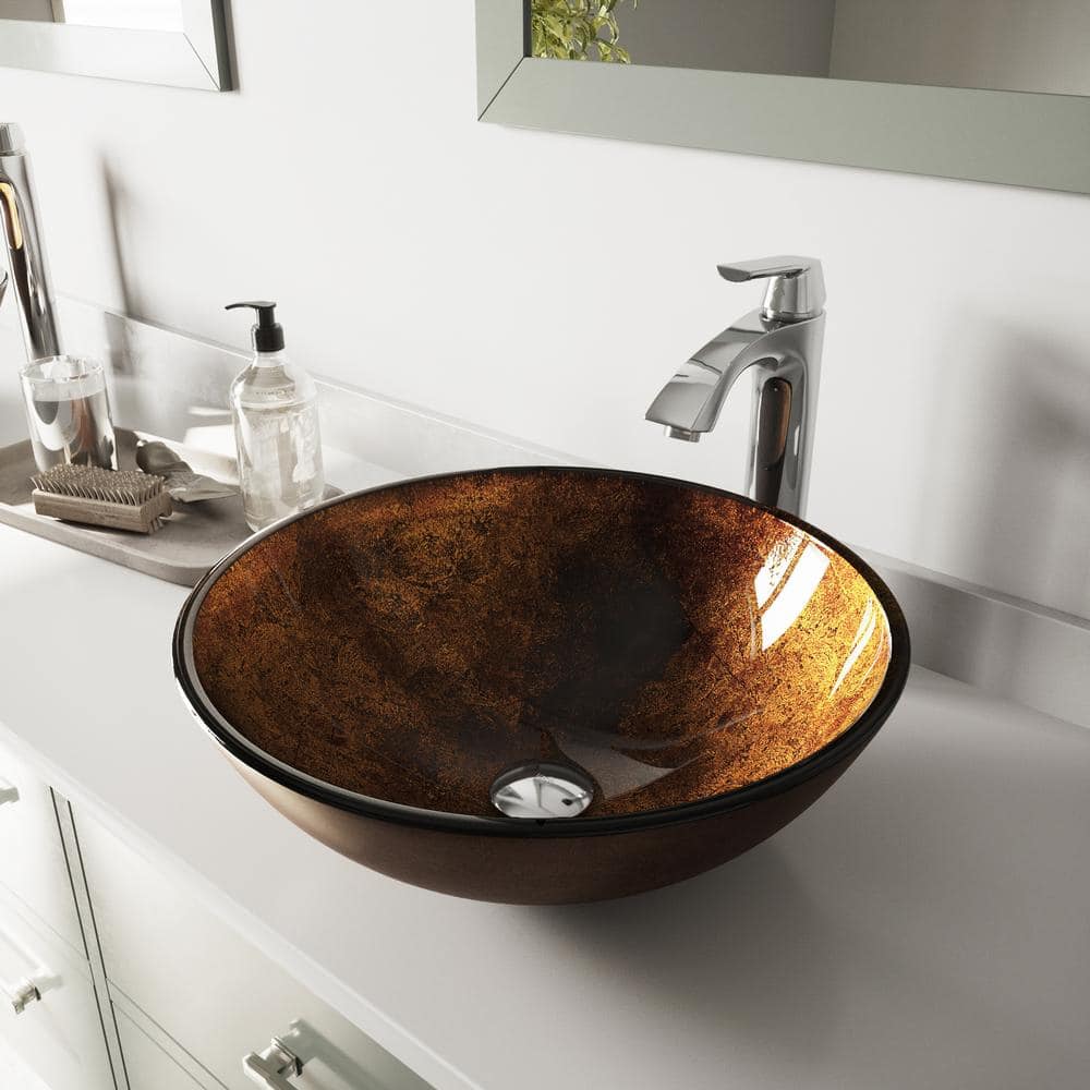 Russet Gold and Brown Glass Round Vessel Sink with Chrome Faucet