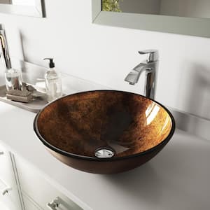 Glass Round Vessel Bathroom Sink in Russet Brown with Linus Faucet and Pop-Up Drain in Chrome