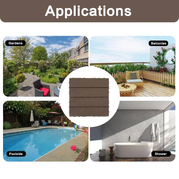 cadeninc 12 in. x 12 in. Square Waterproof Outdoor Plastic Interlocking Deck Tiles for Poolside Balcony Backyard, Brown (44-Pack)